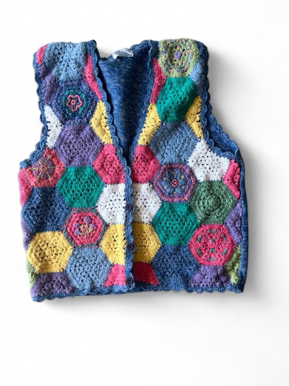 Vintage Crochet Hexagon Patchwork Vest - Multicolor